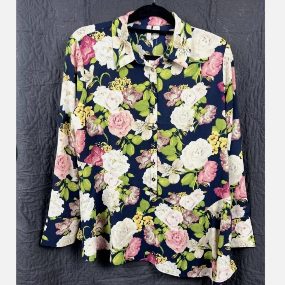 Cato Floral Button Down Shirt - Navy, Pink, Green
